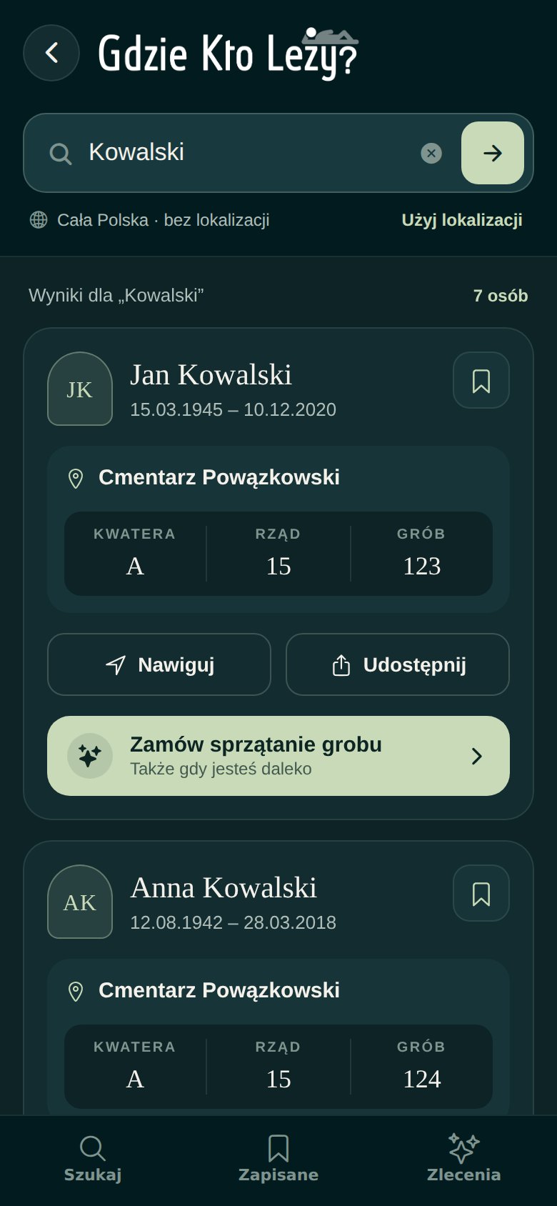 Wyniki wyszukiwania z kartą osoby